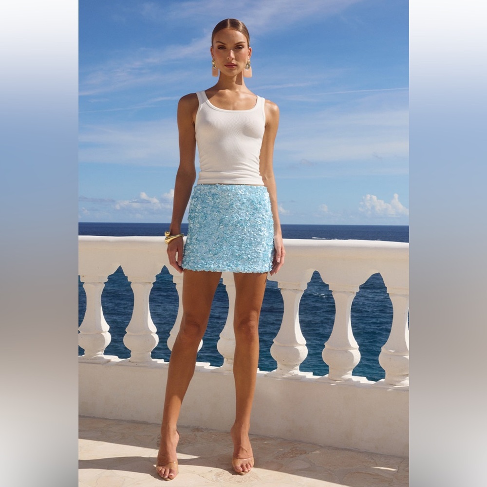 Light Blue Floral Sequin Mini Skirt - Women's - Picture 2 of 12